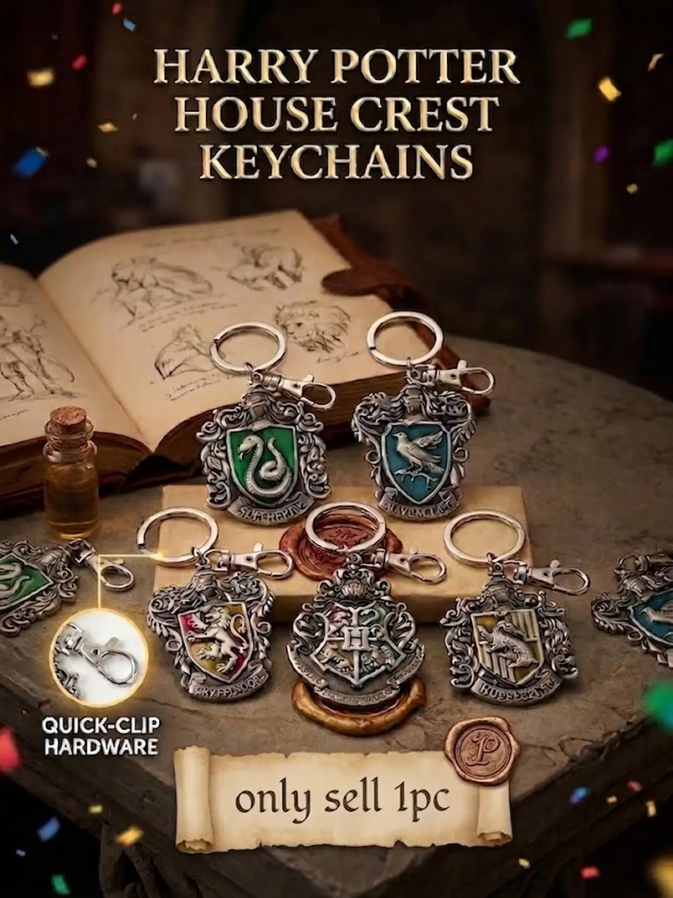 Harry Potter Officially Licensed Hogwarts House Crest Metal Enamel Keychain, 4 College & Hogwarts School Badge Key Ring, Retro Alloy Bag Charm Accessory, Wizarding World Fan Collectible Halloween Christmas Gift only sell 1PC