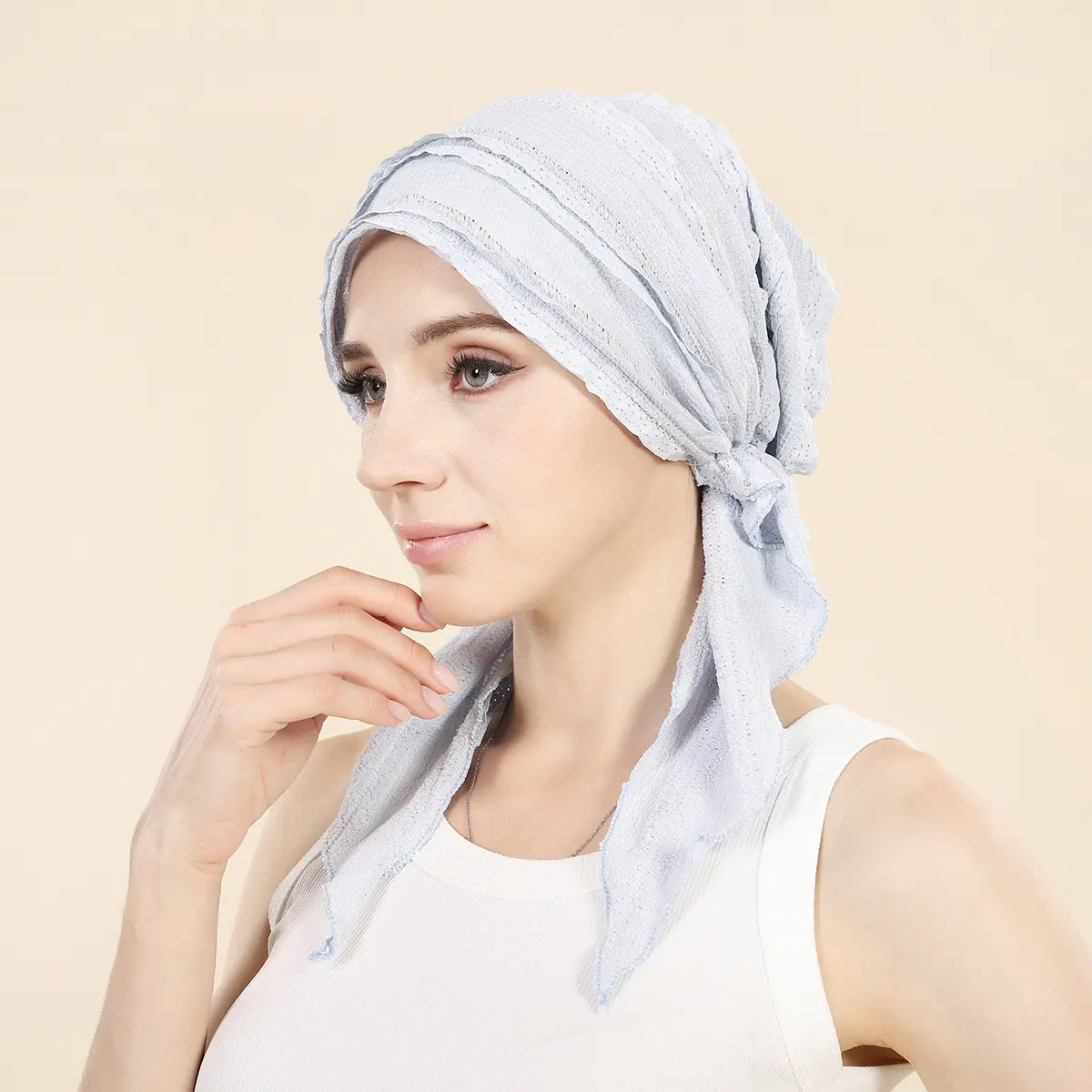 Viral hollow textured tie back turban lightweight ruched head wrap adjustable chemo head covering breathable women modest hair cap for daily wear