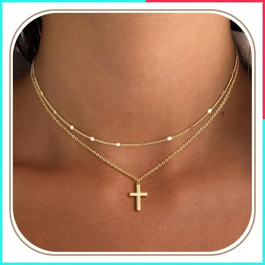 Dainty Sideways Cross Necklace for Women 14K Gold/Silver Plated CZ Non Tarnish Trendy Religious Faith Baptism Jewelry Gift