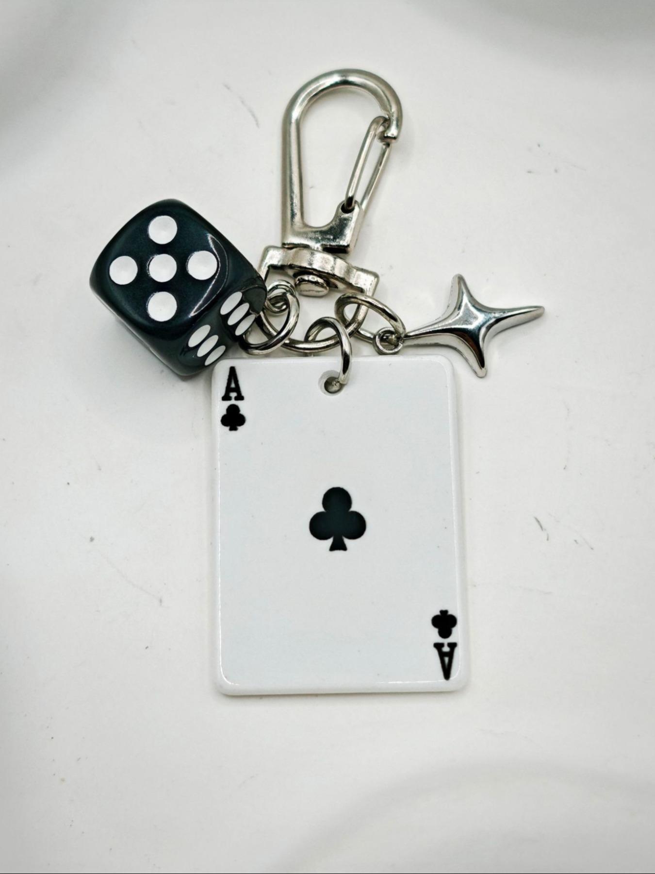 Playing Card & Dice Key Chain with Star Pendant, Spade Diamond Club Alloy Metal Keyring, Bag Charm, Car Keychain, Phone Strap, Keychain for Bags