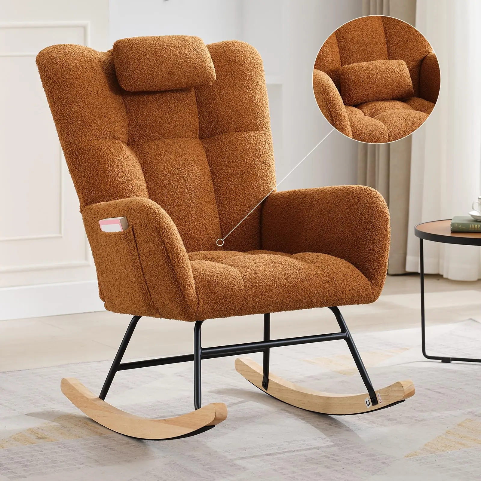 High Back Upholstered Rocking Chair for Nursery - Soft Boucle Glider Rocker with Side Pocket - Comfortable Accent Chair for Living Room, Bedroom, Office - Ideal for Reading & Relaxation