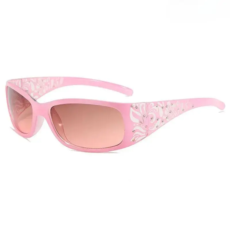 XUH Y2K Pink Wrap Around Sunglasses for Women, Rhinestone Floral UV400 Protection Vintage Shades