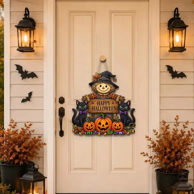 Happy Halloween Scarecrow Black Cat Pumpkin Wooden Hanging Sign, Fall Harvest Wood Door Hanger, Spooky Wall Ornament for Front Door Home Party Decor