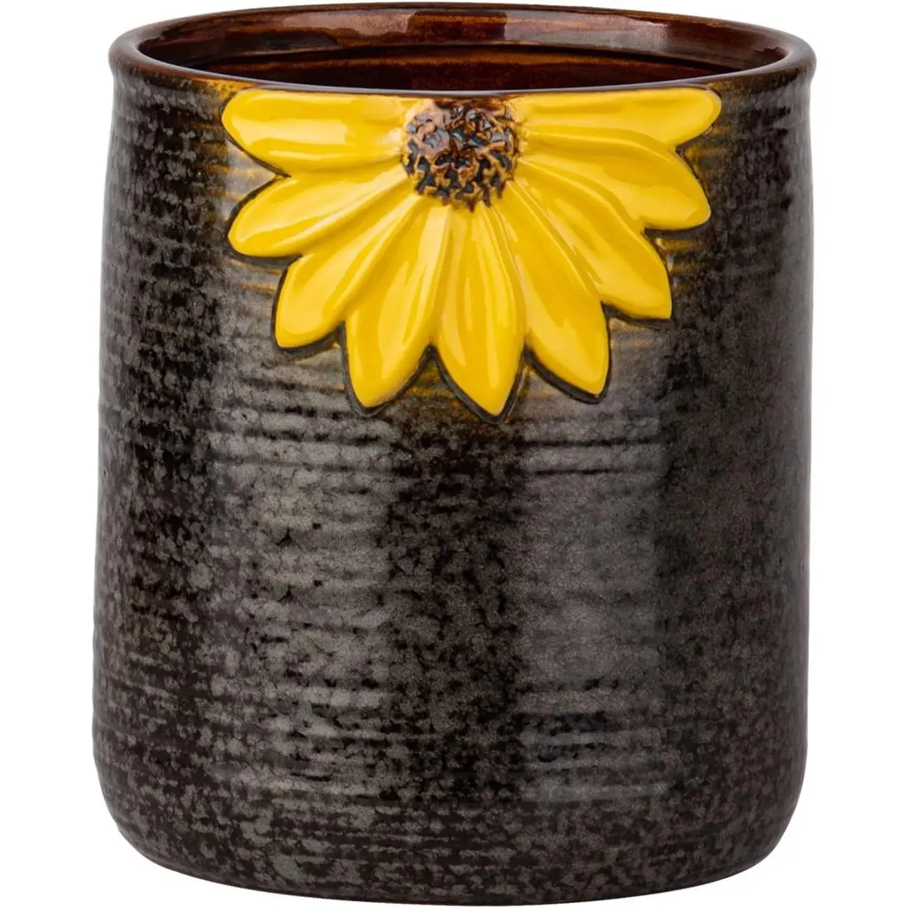 Ceramic Utensil Holder Sunflower Kitchen Utensil Crock Flower Vase Decor | Reactive glaze ceramic utensil holder countertop farmhouse with 3D yellow sunflower relief, cork base, ribbed anti-slip grip.