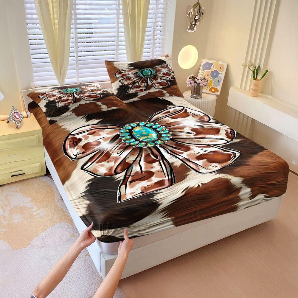 3Pcs Cowhide Pattern Bowtie Fitted Sheet Set, Decorative Bedsheet Sets, Bedroom Decor with Turquoise Stone Accents, Bedding Collection for a Comfortable Sleep Space, Lncludes 1 Fitted Sheet and 2 Coreless Pillowcases