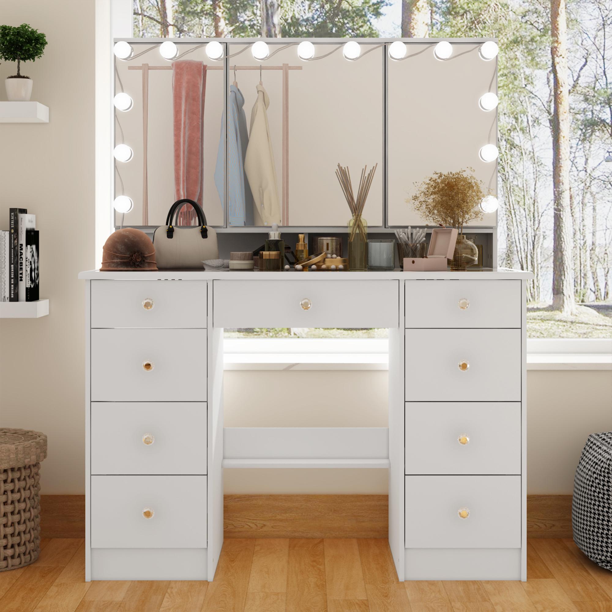 FUFUGAGA-43.3"W Vanity Desk With 9 Drawers, Makeup Desk With 3-Mirror And Touch Screen Light, Dressing Makeup Table For Bedroom