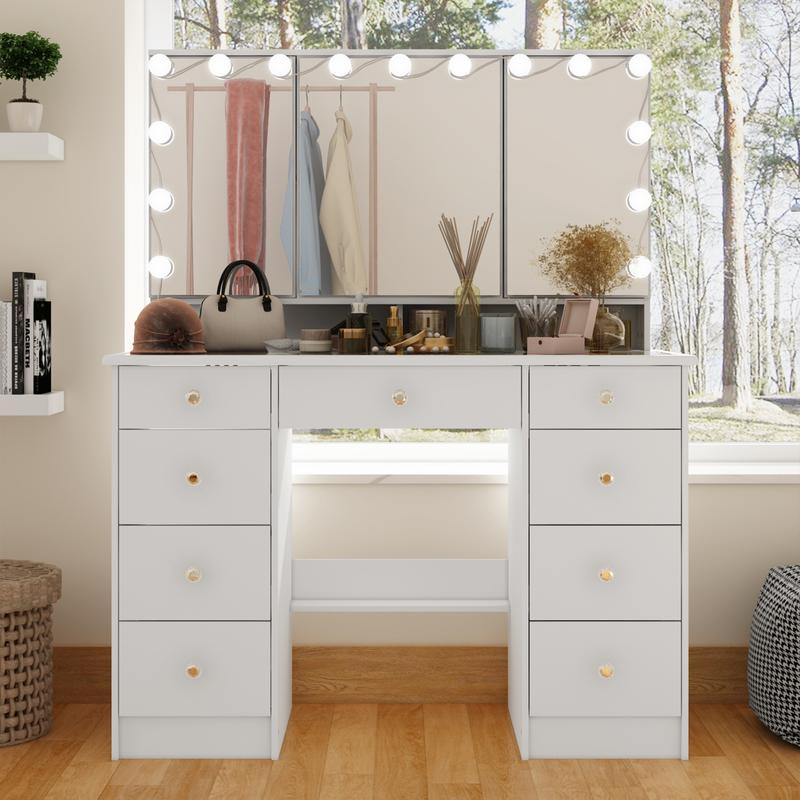 FUFUGAGA-43.3"W Vanity Desk With 9 Drawers, Makeup Desk With 3-Mirror And Touch Screen Light, Dressing Makeup Table For Bedroom