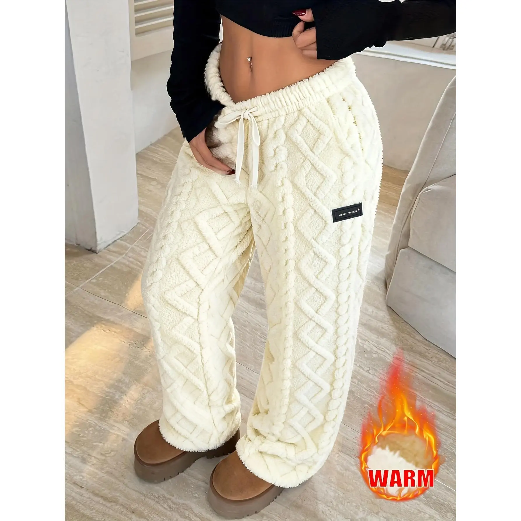 Women's Oversized Jacquard Knit Velvet Loose-Fit Sporty Joggers, Adjustable Hidden Drawstring Waist, Thick Warm Full-Length, Winter Home/Outdoor Wear, Machine Washable