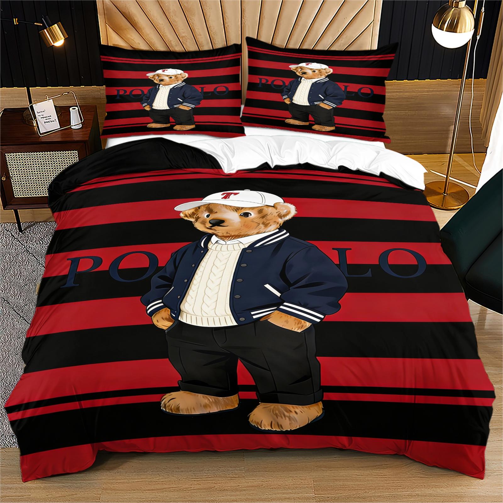 Striped Bear Pattern Print Soft and Durable Bedding Set, Includes 1 Duvet Cover and 1 or 2 Pillowcases, Excludes Quilt and Pillow Inserts, Suitable as Gifts for Teens and Adults, Modern Stylish Bedroom Bed Decorations