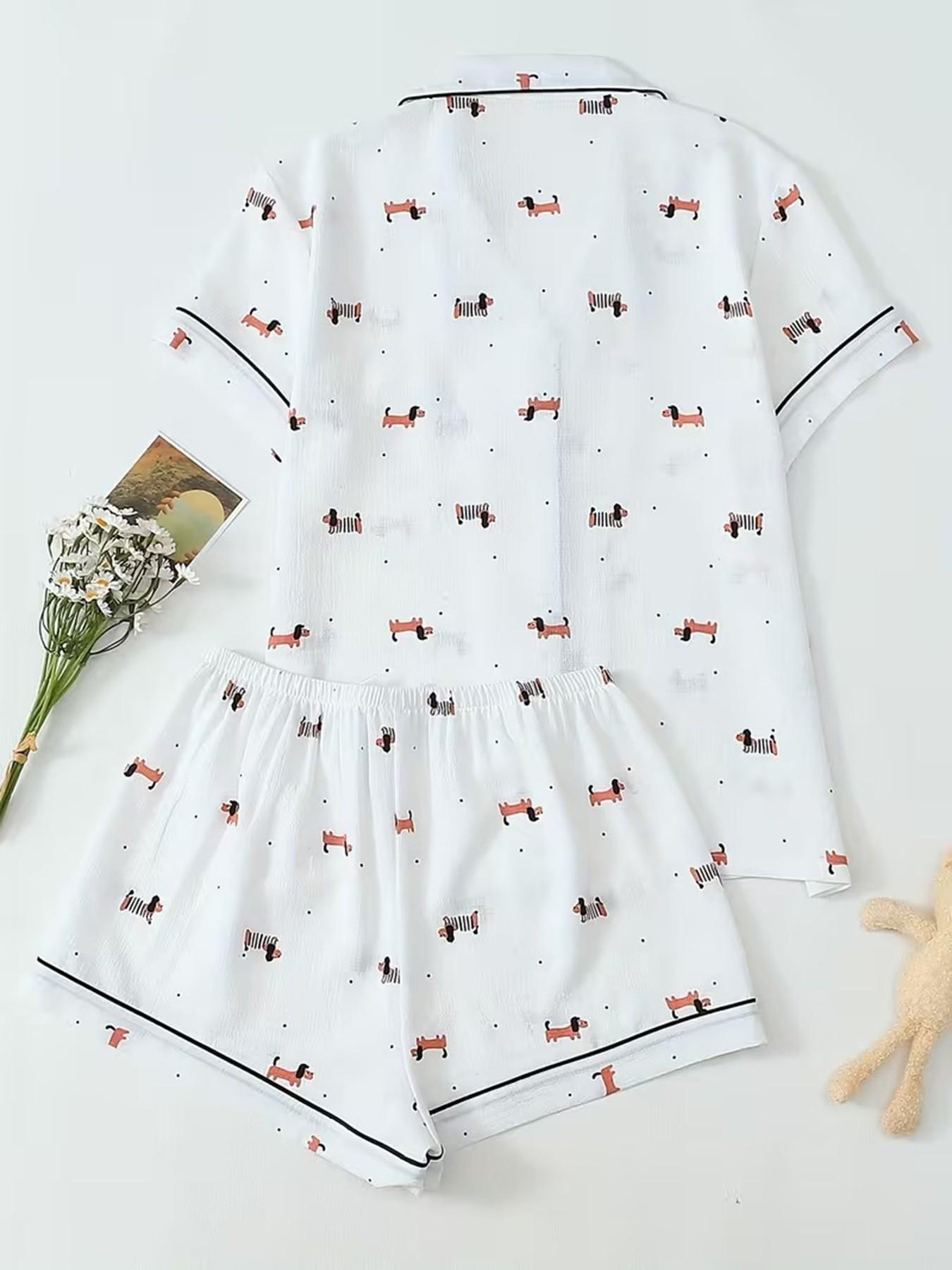 Women's Short Sleeve Button Down Top and Shorts Pajama Set, Spring Summer Wear, For Japanese Kawaii Soft Girls, Cream Base Soft Dachshund & Polka Dot Print, Small Lapel Collar, Slim Fit No Bulk, Comfortable For Daily Home Wear