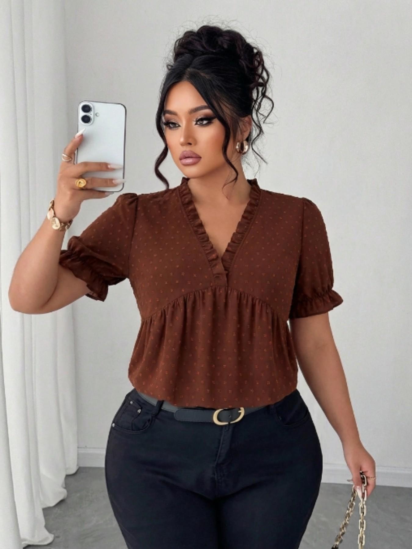 Plus Size Women's V Neck Ruffle Babydoll Shirt, Loose Fit Summer Blouse, Fashionable Comfortable Design, Ideal for Daily Wear, Perfect for Casual Occasions