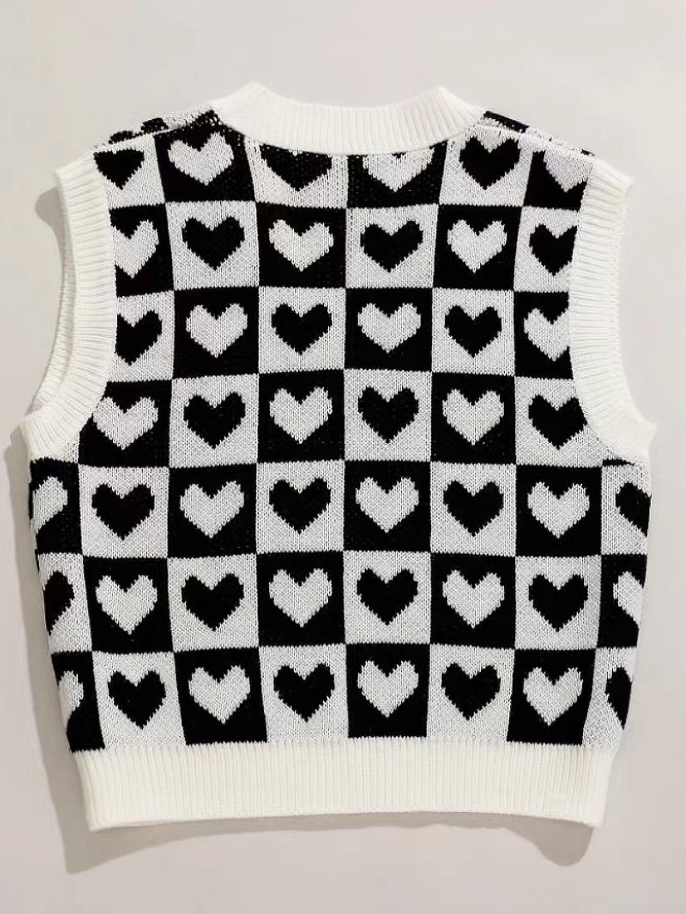 Women's Heart & Plaid Print V Neck Sweater Vest, Casual Sleeveless Knit Top for Daily Wear, Ladies Knitwear for All Seasons, Casual Comfy Vests