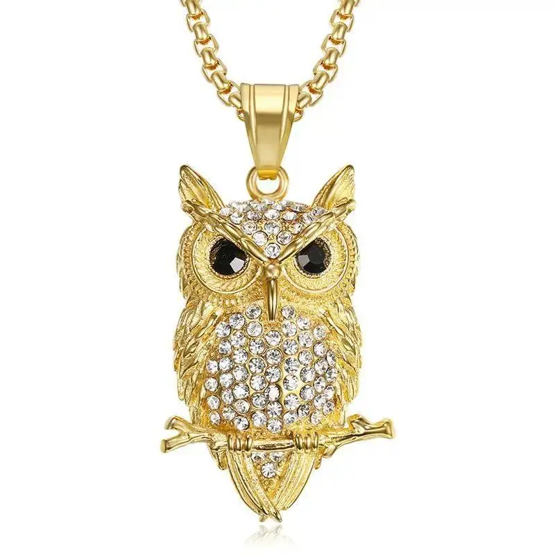 Women's Gold Stainless Steel Iced Out Owl Pendant Necklace - AAA CZ Bling Animal Pendant, Stainless Steel Jewelry, Iced Out Look Chain Jewelry Necklaces, Owl Motif