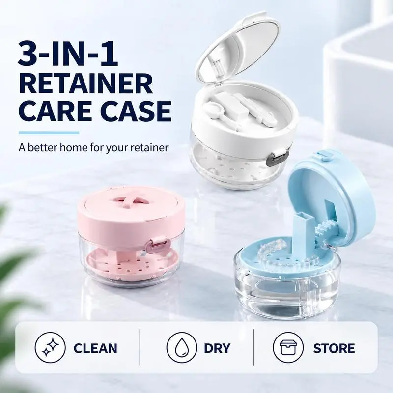 3-in-1 Retainer Case with Mirror, Cleaning Brush & Removal Tool, Leakproof Denture Bath Soak Cup with Strainer Basket, Portable Clear Aligner Storage Case for Invisalign