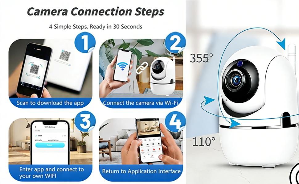 Security Camera with 355 Panoramic View 90 Vertical Tilt 2.4G WiFi Connected 8-Light Group Design Built in MIC and Speaker Two Way Voice Communication Motion Detection Alert Cloud Video Playback for Indoor Home Security Monitoring