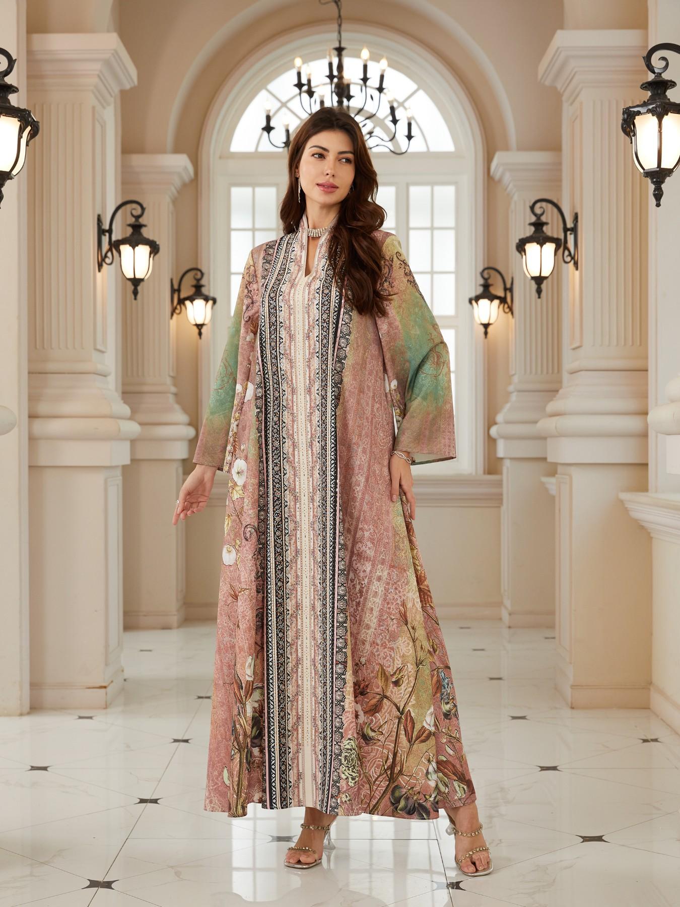 Women's Vintage Floral Print Rhinestone Long Robe, Dubai Style Kaftan Evening Dress, Ramadan Eid Abaya