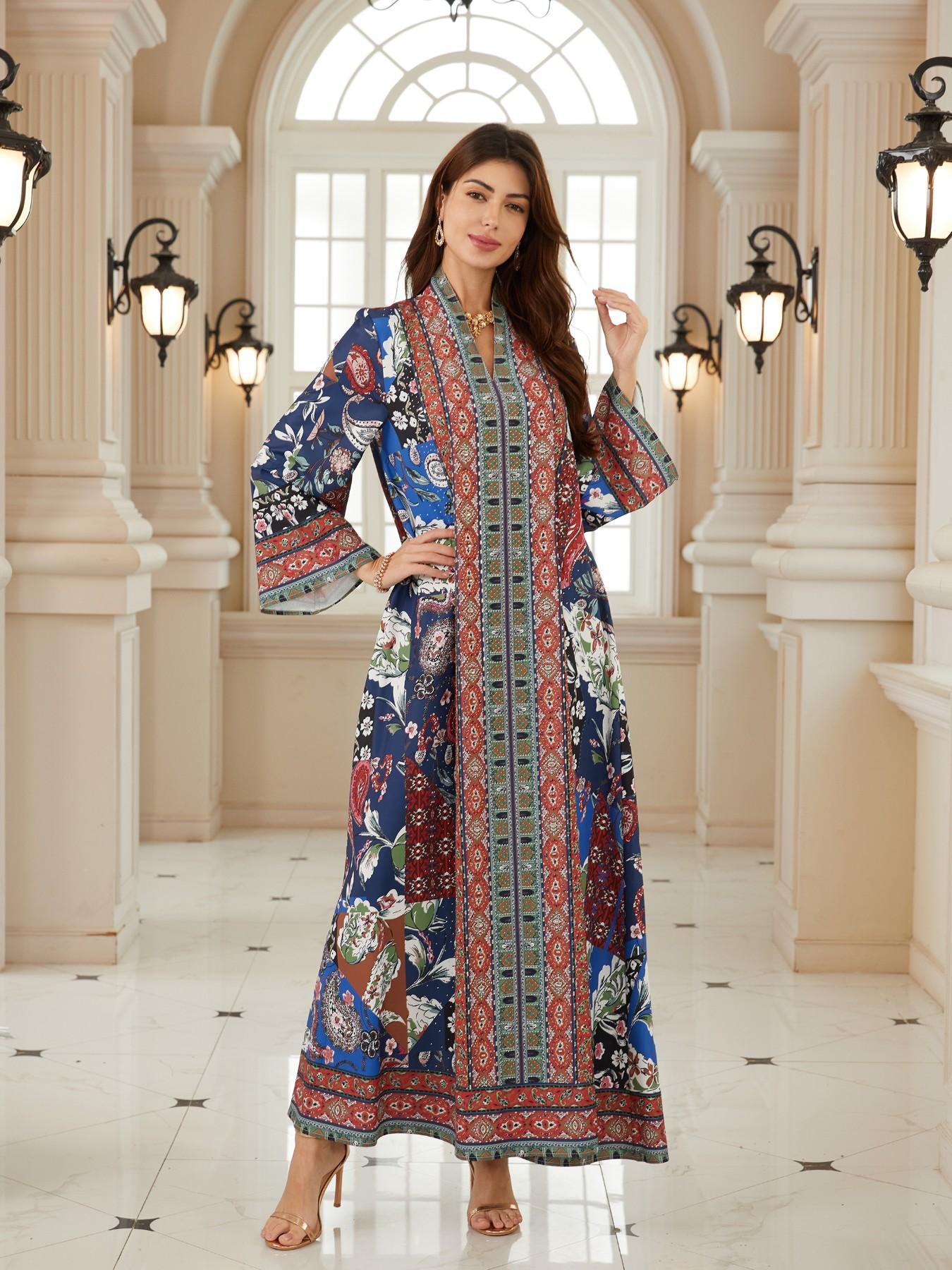 Women's Blue Printed Embellished Long Robe, Dubai Style Kaftan Evening Gown, Eid Al-Fitr Festival Dress, Abaya with Full Rhinestones