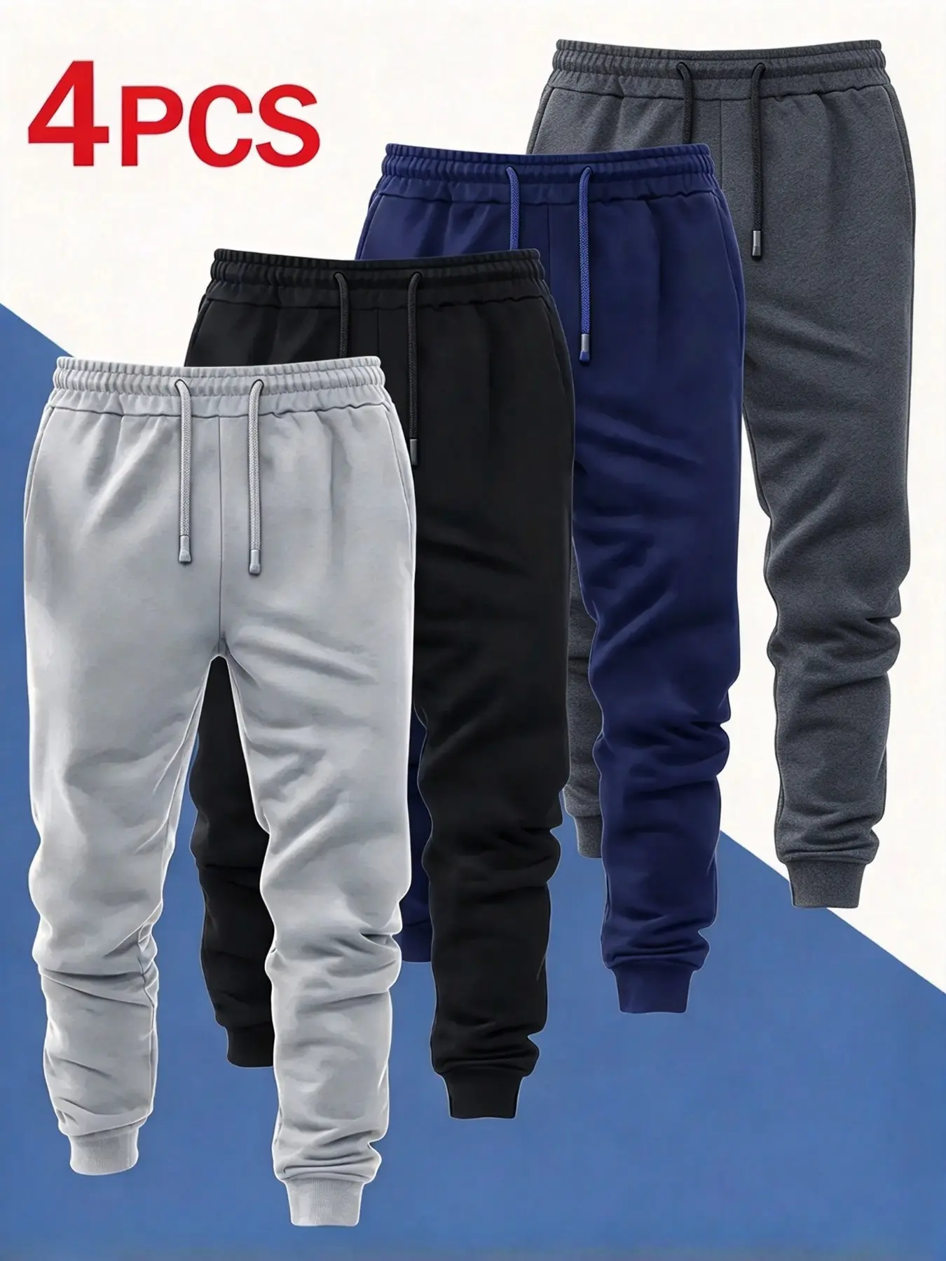 4-Pack Men's Casual Fleece-Lined Joggers, Elastic Ankles, Drawstring Waist, Solid Color, Comfortable for All Seasons