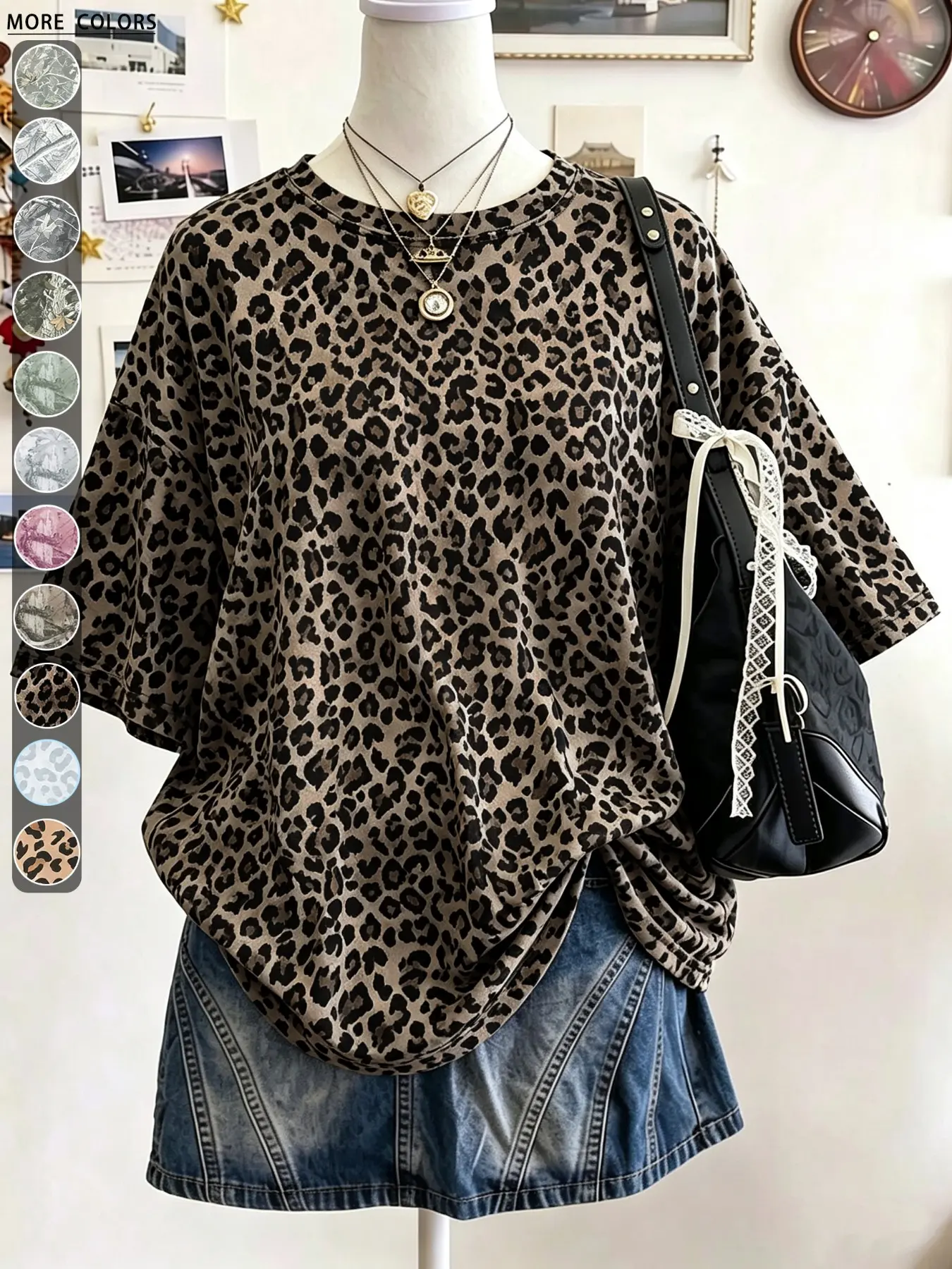 Ladies' retro vintage vintage tree pattern camouflage and maple leaf and leopard print full print fashionable loose round neck off shoulder T-shirt, summer must-have millennium Y2K style T-shirt top, casual clothing