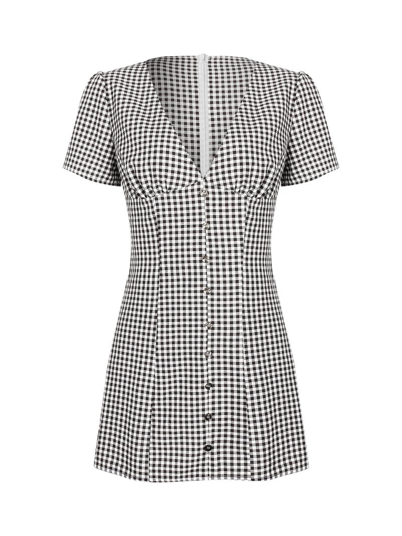Women's Plaid Print Button Decor V Neck Dress Casual Fashion Short Sleeve Dress for Daily Outdoor Wear Ladies Clothes for All Seasons Sexy Shirt Mini Dress