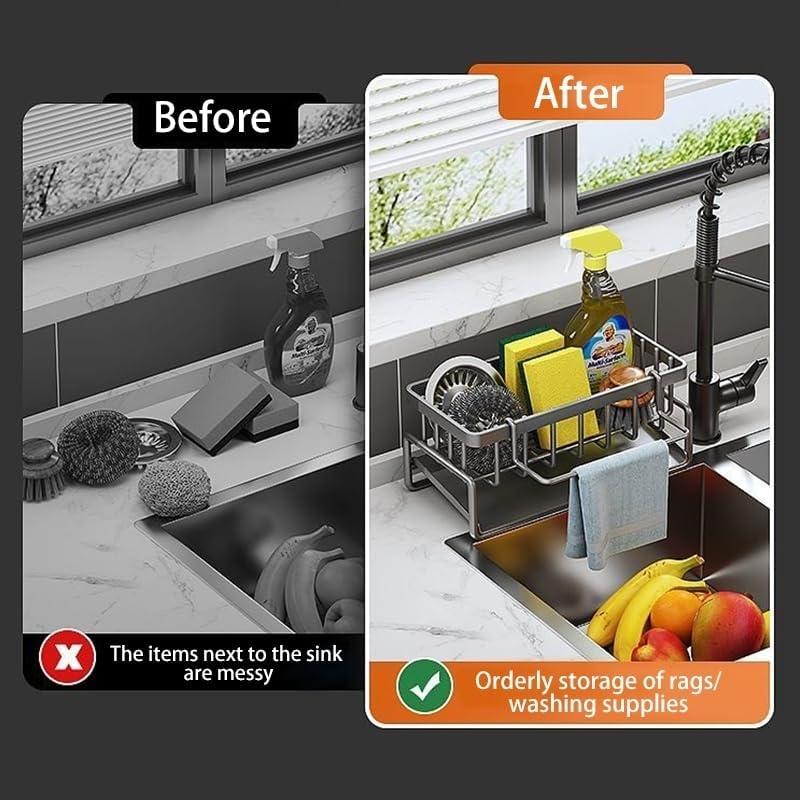 Heavy-Duty Carbon Steel Kitchen Sink Organizer with Self-Draining Rack & Sink-Mounted Sponge Holder - Space-Saving Multipurpose Countertop Storage Shelf for Dish Soap, Brushes, Rags & Dishcloths, Compact Sink Caddy Tray for Small Kitchens & Small Sink