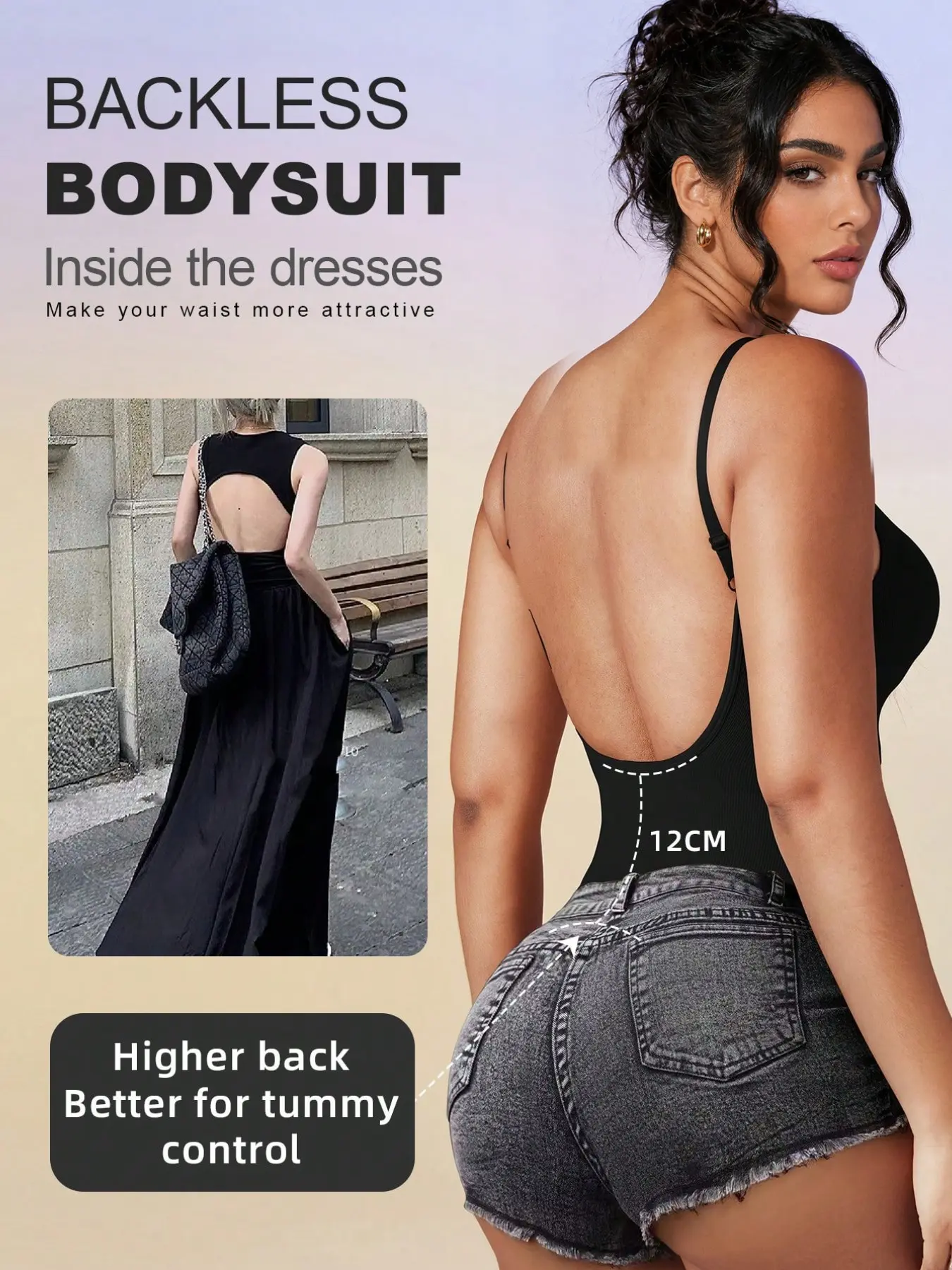 Women’s Seamless Backless Thong Bodysuit, Chic Deep Low Back Camisole Top with Adjustable Spaghetti Straps, V Neck Stretchy One Piece for Jeans, Shorts, Parties and Summer Outfits