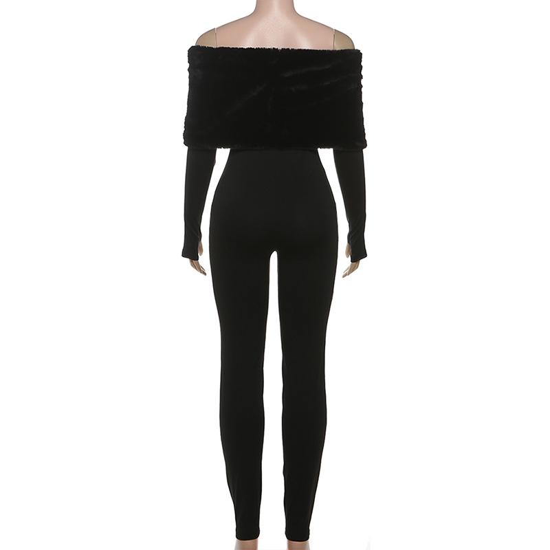 DOUCIU Basic Sporty Casual Tight-Fitting Sexy Hot Trendy Street Cool Women'S Thin Solid Color Fur Collar Spliced Off-Shoulder Long Sleeve Street Fashion Jumpsuit
