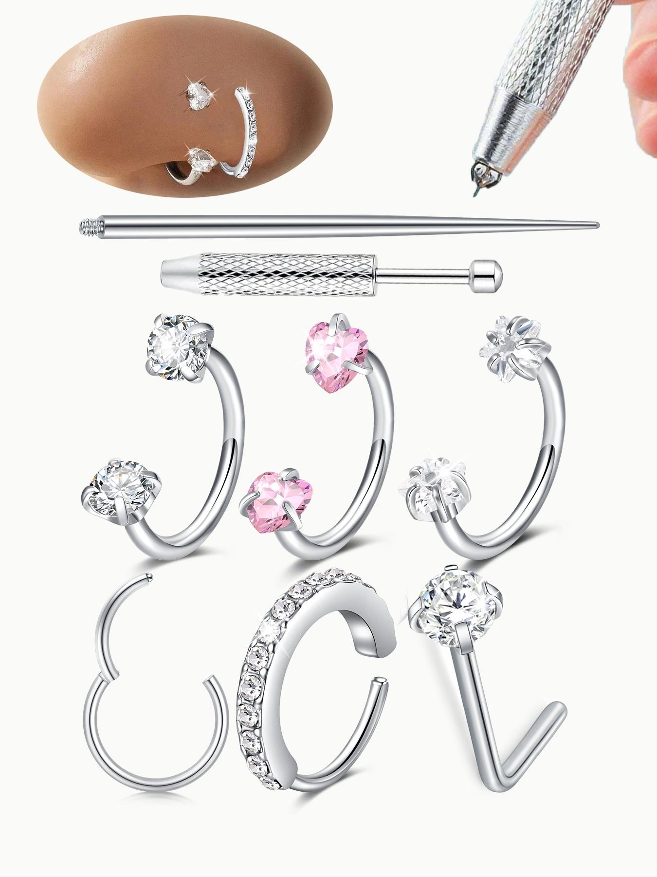 Stainless Steel Cz Nose Ring, Nose Cuff, Horseshoe Shape Nose Ring, 18 Gauge 8mm Hoop, Heart Design Perfect for Nose, Cartilage, Tragus, Helix and Lip Piercings, Nose Piercing Jewelry, Nose Rings Hoops