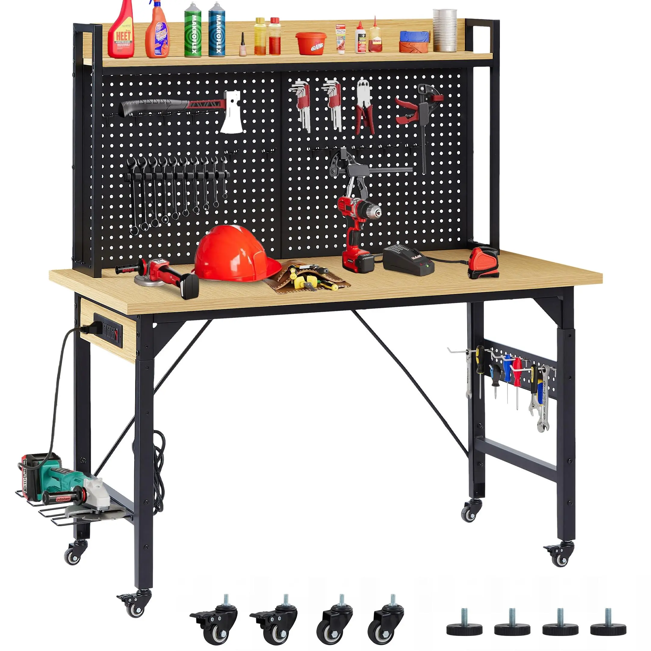 48-Inch Adjustable Rolling Workbench with Pegboard, Engineered Wood Desktop, Steel Frame, AC/USB Outlets, Shelf and 18 Hooks for Garage and Workshop