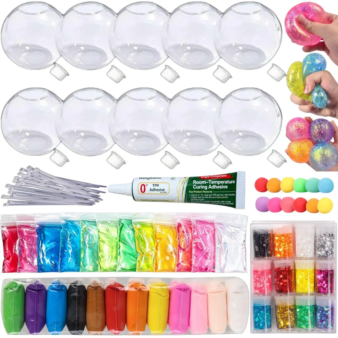 DIY Stress Ball Kit, includes 12 colors of slime, 12 colors of clay, 12 colors of glitter powder, and 10 spherical transparent blank skins. It is a kneadable stress ball making kit, suitable for making stress relief soft balls.