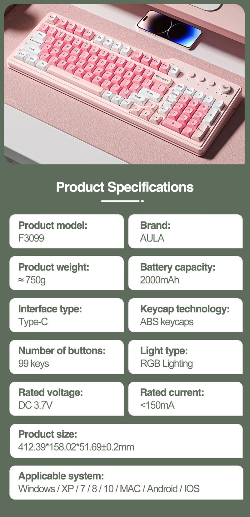 AULA F3099 three-mode, Rechargeable keyboard, 99-key layout, RGB lighting effects, color matching keycaps, ergonomic design, large-capacity battery, light-tone keys suitable for office use, multi-device compatible, plug-and-play, available for computer