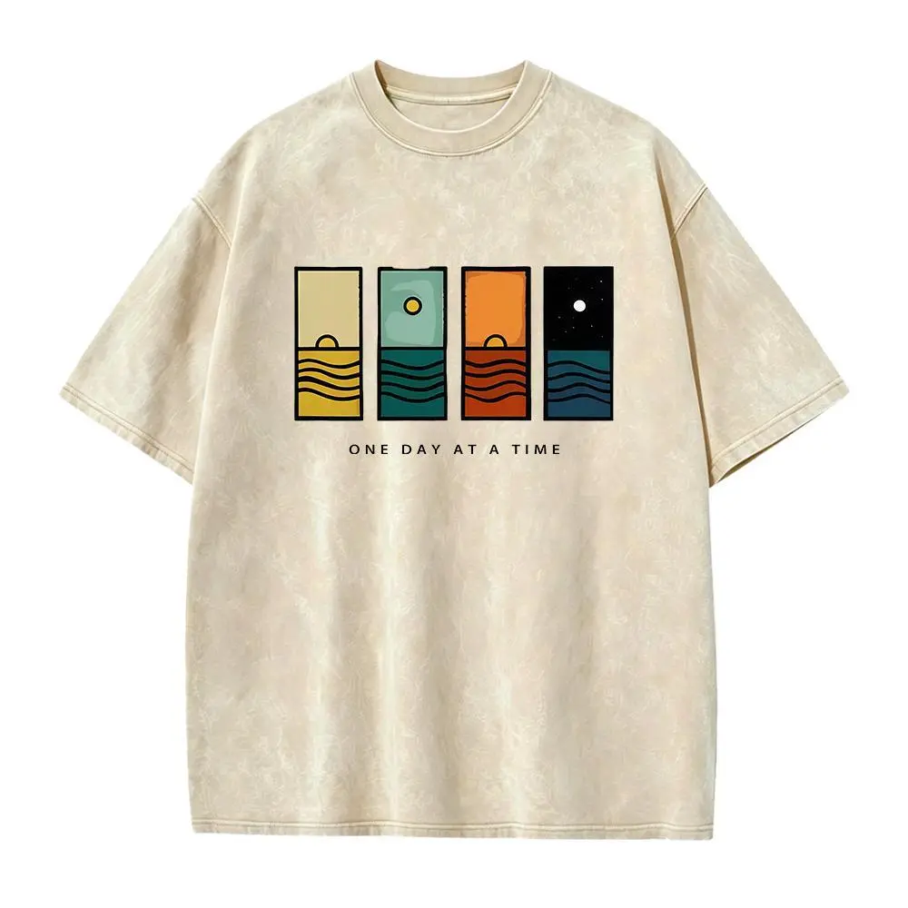 Unisex Heavyweight Cotton Oversized Tee, Acid Wash Vintage One Day At A Time Retro Streetwear Graphic T-Shirt Ribbed