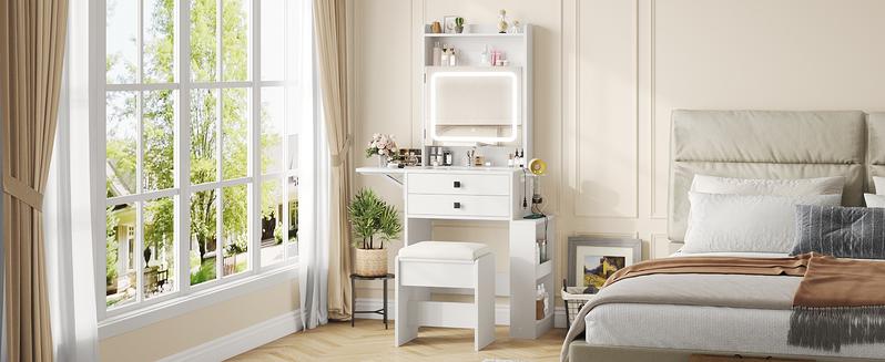 Vabches Small Makeup Vanity Desk with 3 Adjustable Lighted Mirror, Vanity Set with Fold-up Panel and Charging Station, Glass Top Dressing Table with Drawers and Chair, 2 Hidden Storage Shelves Vabches Small Makeup Vanity Desk with 3 Adjustable Lighted Mirror, Vanity Set with Fold-up Panel and Charging Station, Glass Top Dressing Table with Drawers and Chair, 2 Hidden Storage Shelves