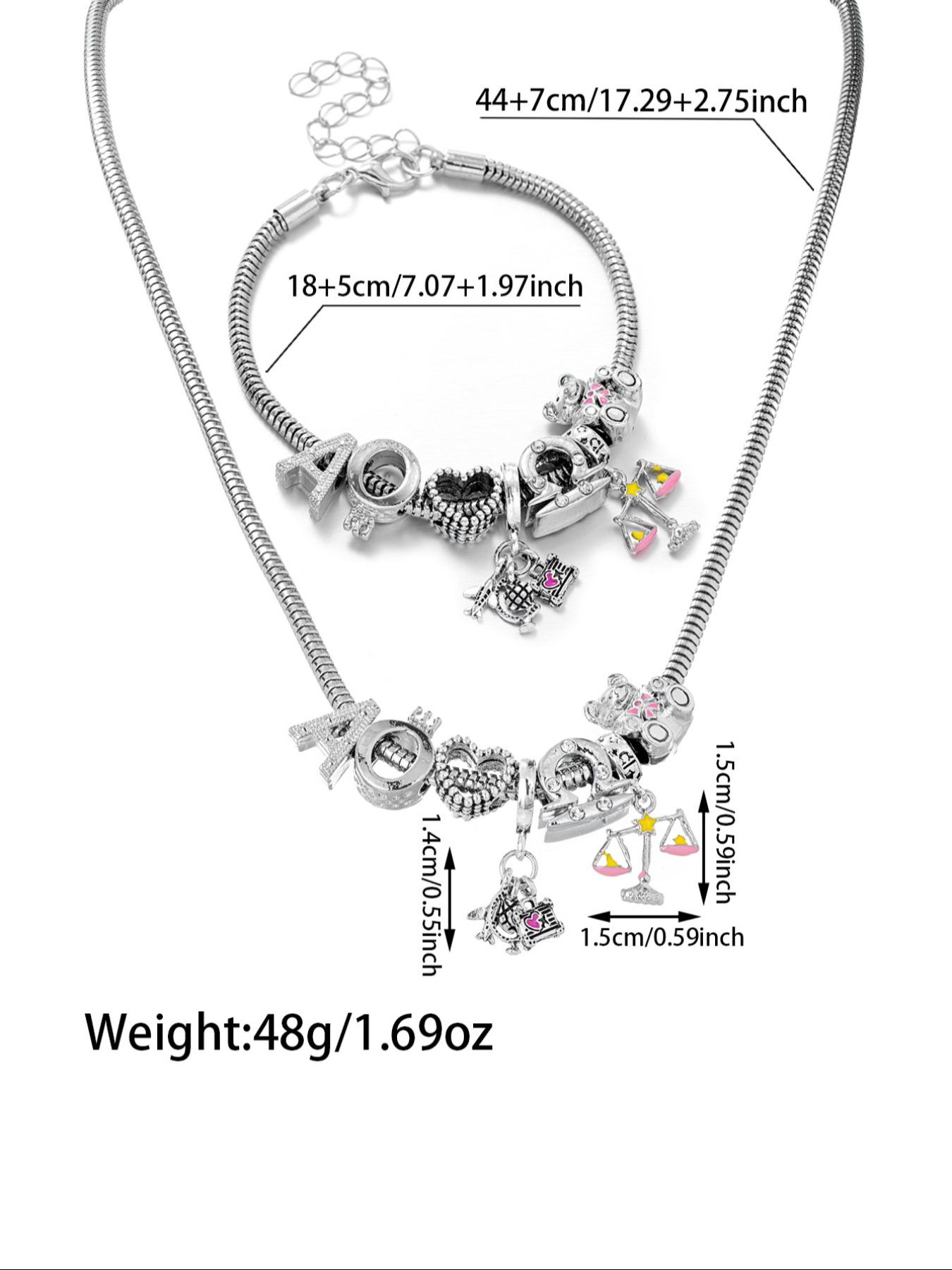 Elegant Bear Zodiac Pendant Necklace Bracelet Set, Zircon Heart Letter Jewelry for Women, Perfect Gift for Holidays Birthdays, Zirconia Jewelry Set