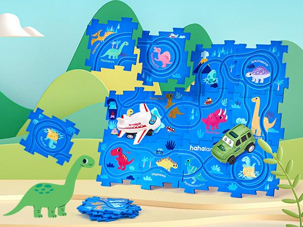 hahaland 12 PCS Racer Car Track Set, Dinosaur-Themed Puzzles, Educational Montessori Toys for Kids, Birthday Gifts, Boy Girl Toys