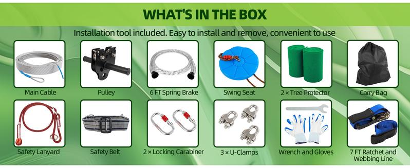 60-200FT Backyard Zip Line Kit for Kids and Adult Up to 400LBS with Stainless Steel Ziplines Spring Brake and Safety Harness, Outdoor Christmas and Birthday Gifts for Kids