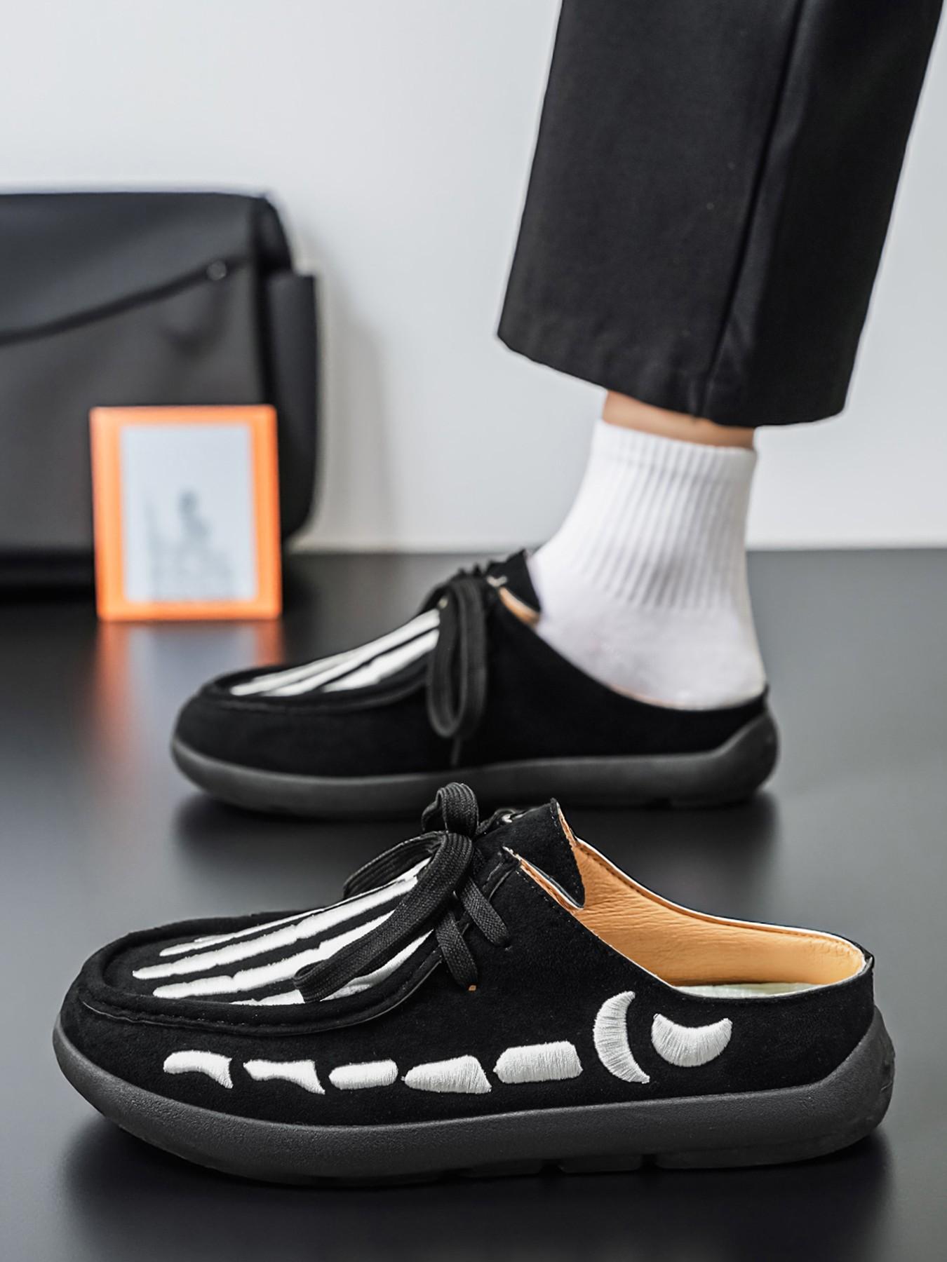 Men's Skull Print Slip-On Mules, Gothic Casual Half Sandals, All Season Lightweight Shoes, Sizes 39-46, Dark Academia Style