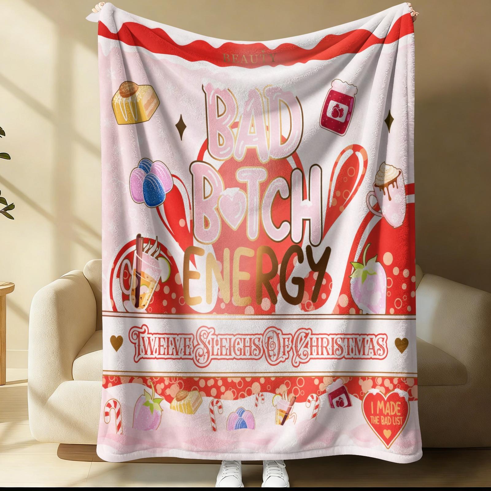 Bad Bitch Energy Flannel Blanket, Y2K Coquette Funny Slogan Cherry Popsicle Throw Blanket, Ultra Soft Warm Blanket for Teen Girls Women, Cute Girly Aesthetic Gift Blanket, Cozy for Couch Bed Sofa Bedroom Dorm