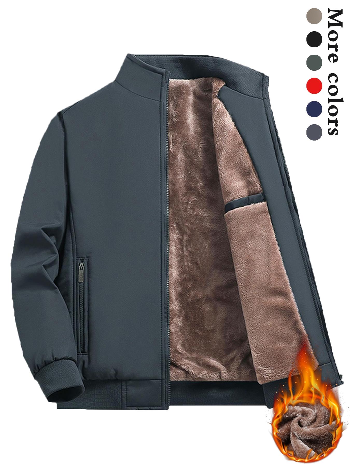 Men's Solid Color Plain Zip Up Thermal Lined Jacket Coats, Regular Fit Fitted Casual Long Sleeve Short Outerwear for Fall & Winter, Men's Clothes for Daily Wear