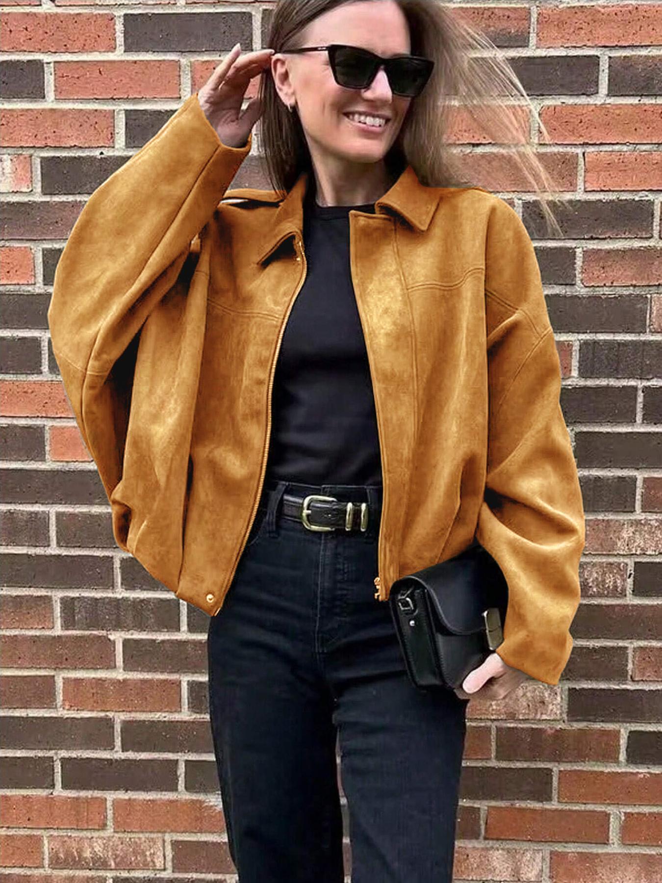 Women's Autumn Winter Suede Texture Zipper Loose Fit bomber jacket, Stylish Turn-Down Collar Design for Casual Wear Coats Outerwear Womenswear