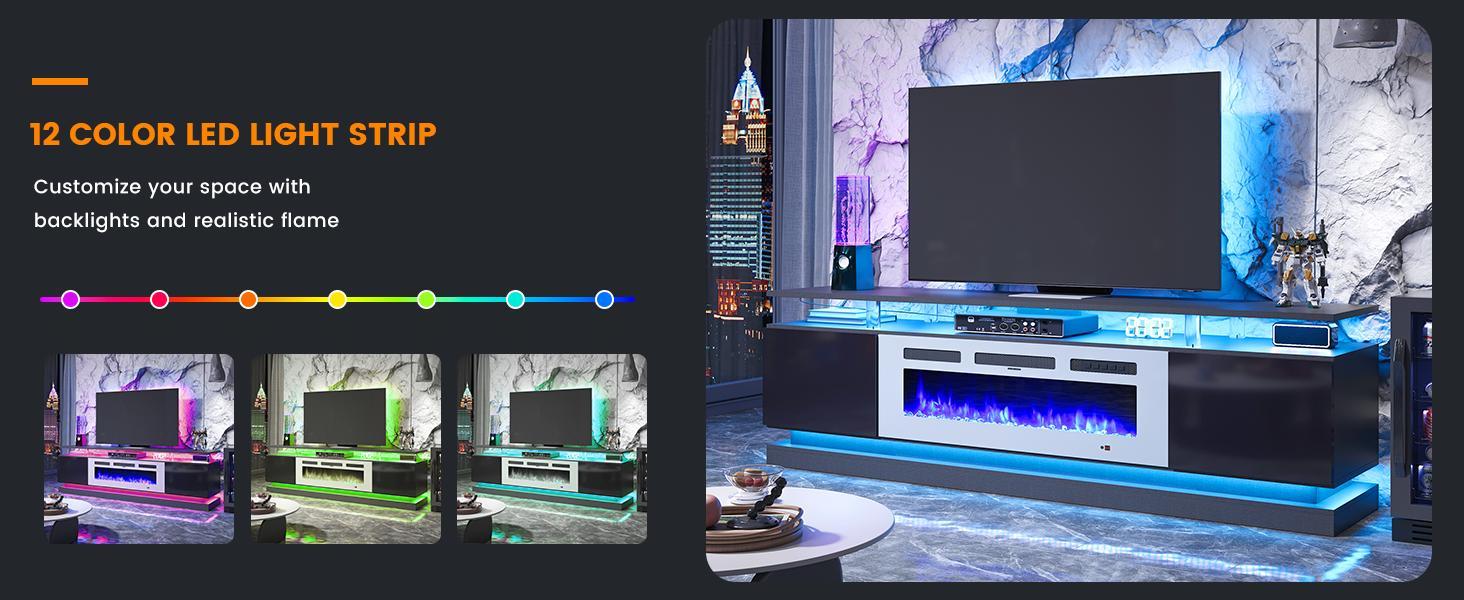 【2 Packages Shipping】oneinmil 70" Fireplace TV Stand Modern Entertainment Center for TVs Up to 80" with Storage Cabinets & Adjustable Flame Multicolor Modes Black & White Electric Fireplace