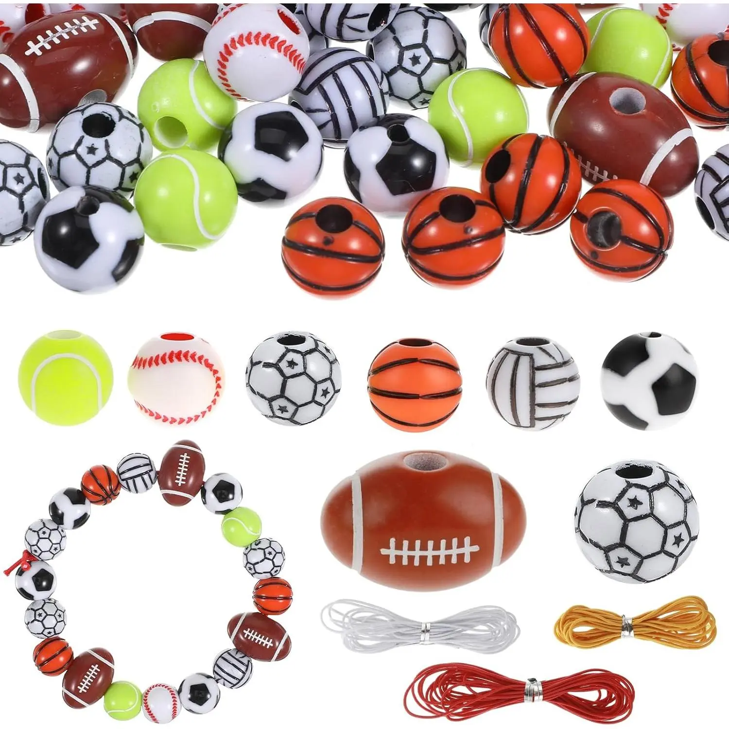 70 count  Beads, 12mm Basketball Baseball Volleyball Football Tennis Softball Beads,  Beads for Crafts Bracelets Necklace Pendants(Style 2)