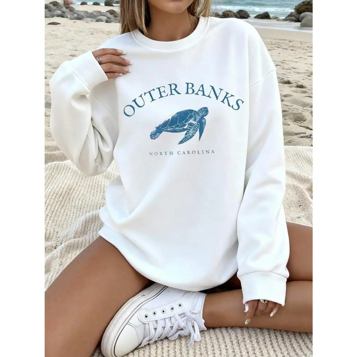 Graphic Turtle And Ocean Print Fall Pullover, Casual Crew Neck Long Sleeve High Quality Sweatshirt For Women