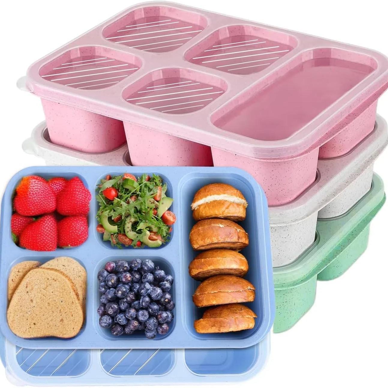 Wheat Straw Bento Snack Box Containers, 4-Pack 5-Compartment Meal Prep, Reusable Food Storage, Stackable, Ideal for Work & Travel, Lunch Boxes
