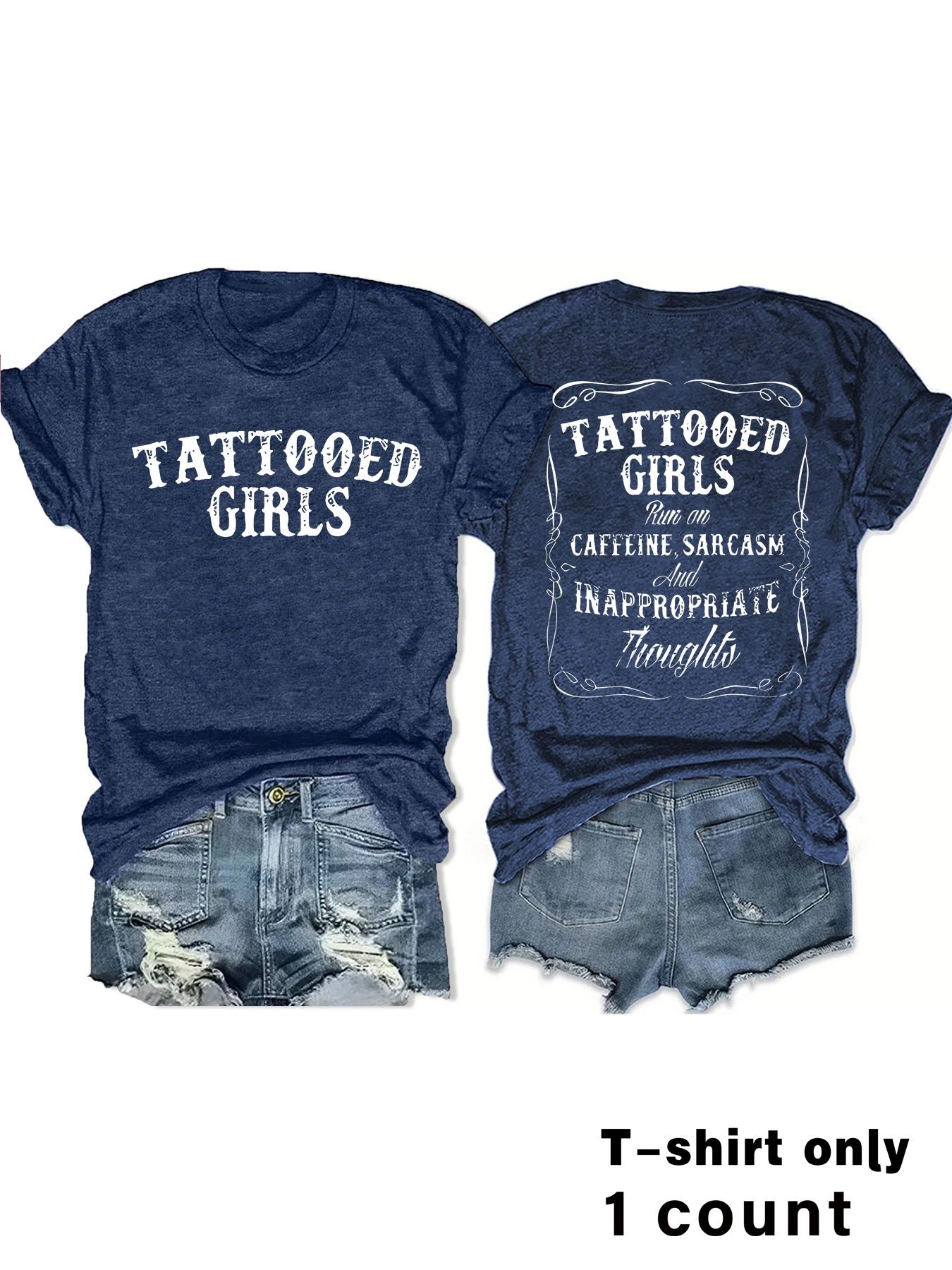 Women's Tattooed Girls Print Round Neck Tee, Vintage Trendy Casual Chic Minimalist Short Sleeve T-shirt for Daily Wear, Ladies Summer, Top, Streetwear, Womenswear