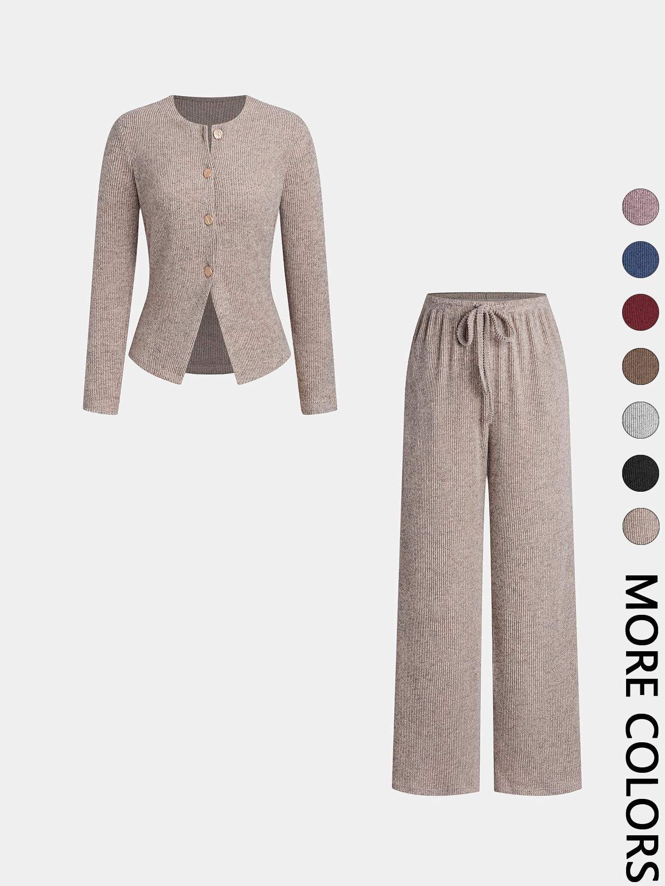 Women's Autumn Winter Set, Knitted Long Sleeve Boat Neck Top with Buttons & Ribbed Long Pants, Casual Loose Fit for Ladies