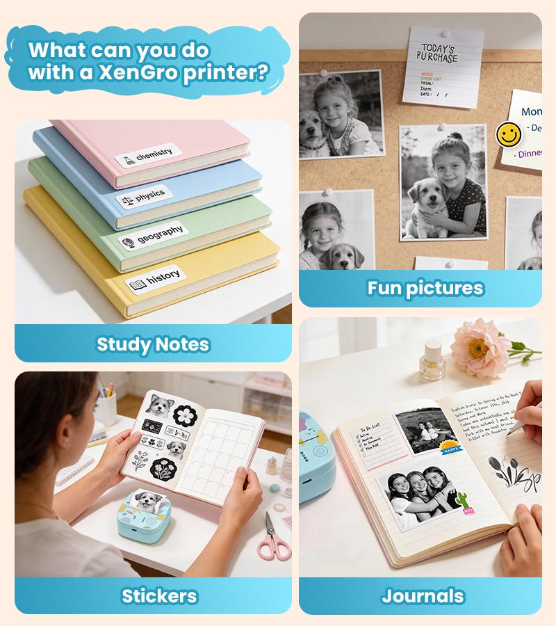 [Springglowup] XenGro Mini Printer Bluetooth included 3 Roll label Thermal Pocket Printer,Inkless Small printer B&W Printing Only for Photos, Study Notes, Lists,Memos, Journals Printing Machine Sticky Label, Birthday Gifts for Kids Girls Boys Blue