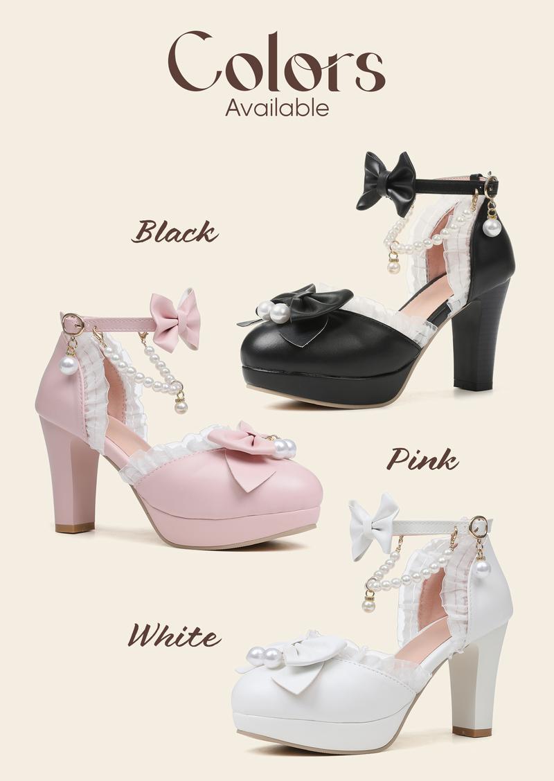 Womens Mary Jane Lolita Pumps Round Toe Platform Chunky High Heels Bow Ankle Strap Pearl Chains Party Gifts for her Wedding Dress Kwaii Cute Shoes Valentine Party Heels