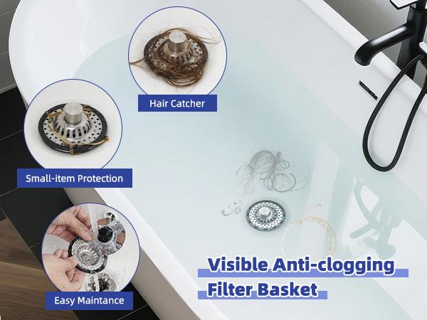 Anylock Universal Bathtub Drain Stopper Shower Drain Hair Catcher, Tub Stopper with Visible Top Strainer, Upgraded 3 in 1 Pop-up Drain Plug Fit for 1.5 to 2.4" Hole, Stainless Steel Filter Basket, Chrome