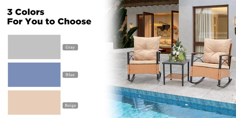EROMMY 3-Piece Bistro Set: Outdoor PE Rattan Rocking Chairs with Cushions and Coffee Table, Patio Rocker Chair Set for Porch and Backyard Wooden Furniture